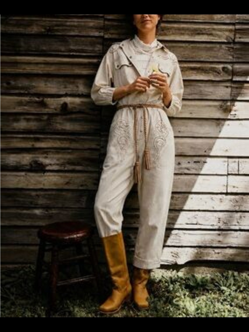 Anthropologie Cream Embroidered Utility Jumpsuit Eyelet details Size Small